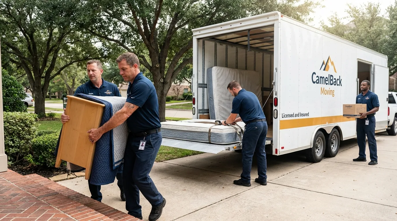Crew loading residential truck for cross-state move from Taylor, TX
