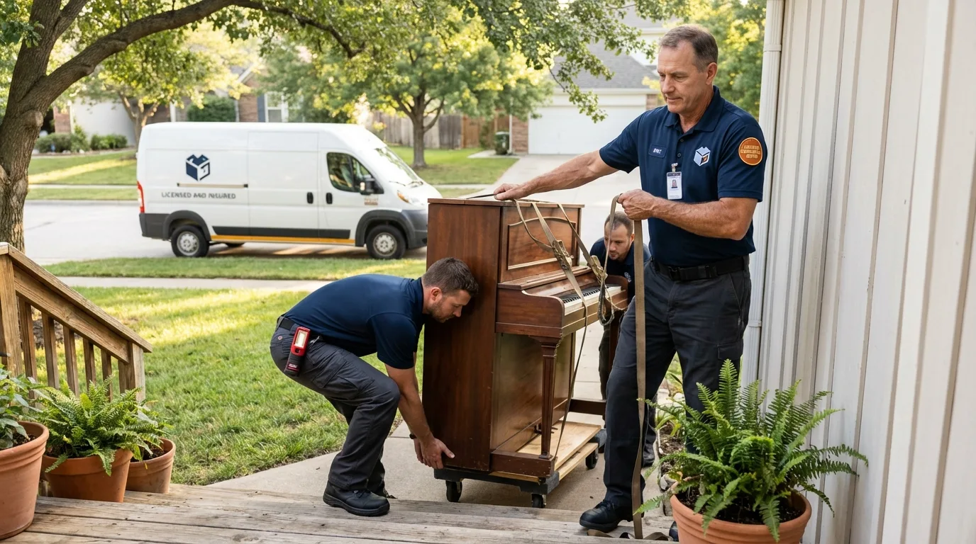 Licensed piano movers securing grand piano in Taylor, TX