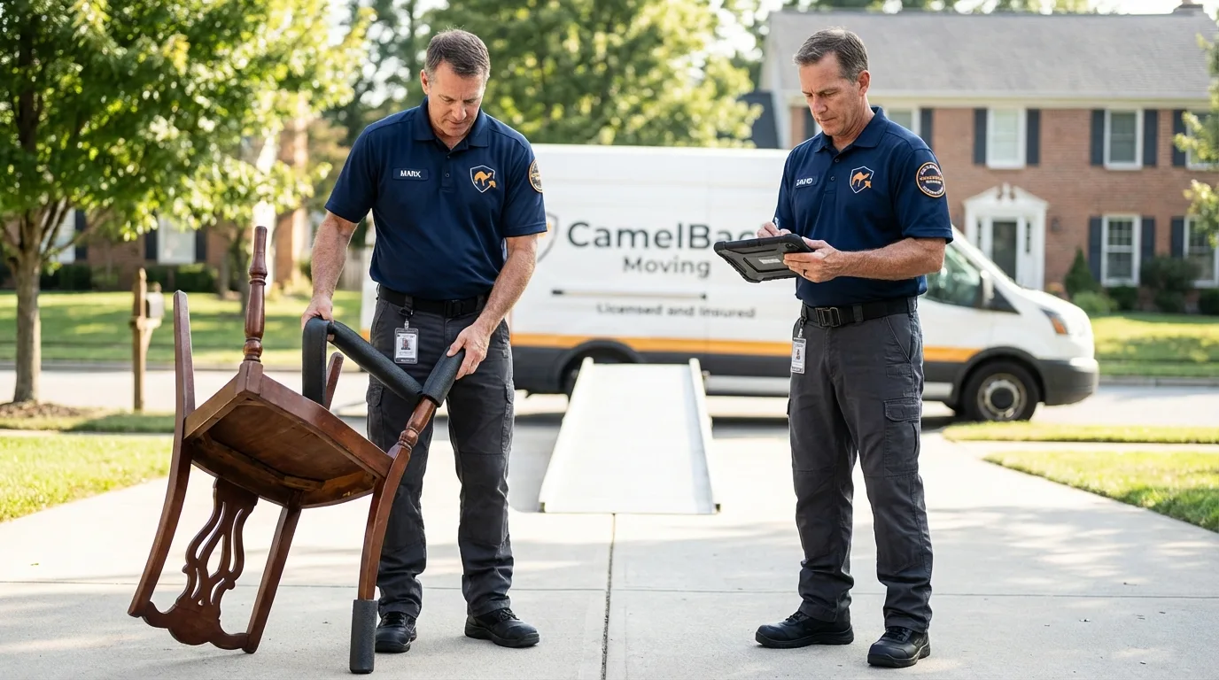 Movers inspecting furniture for damage prevention before loading in Taylor, TX